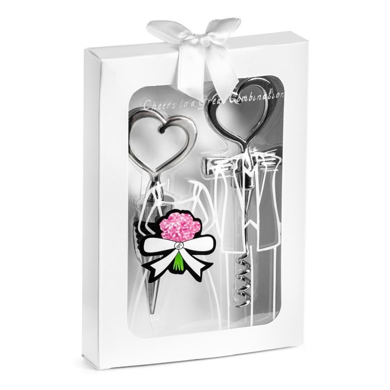 Set cadou in forma de inima dop și tirbuson de sticle în formă de inimă - albe