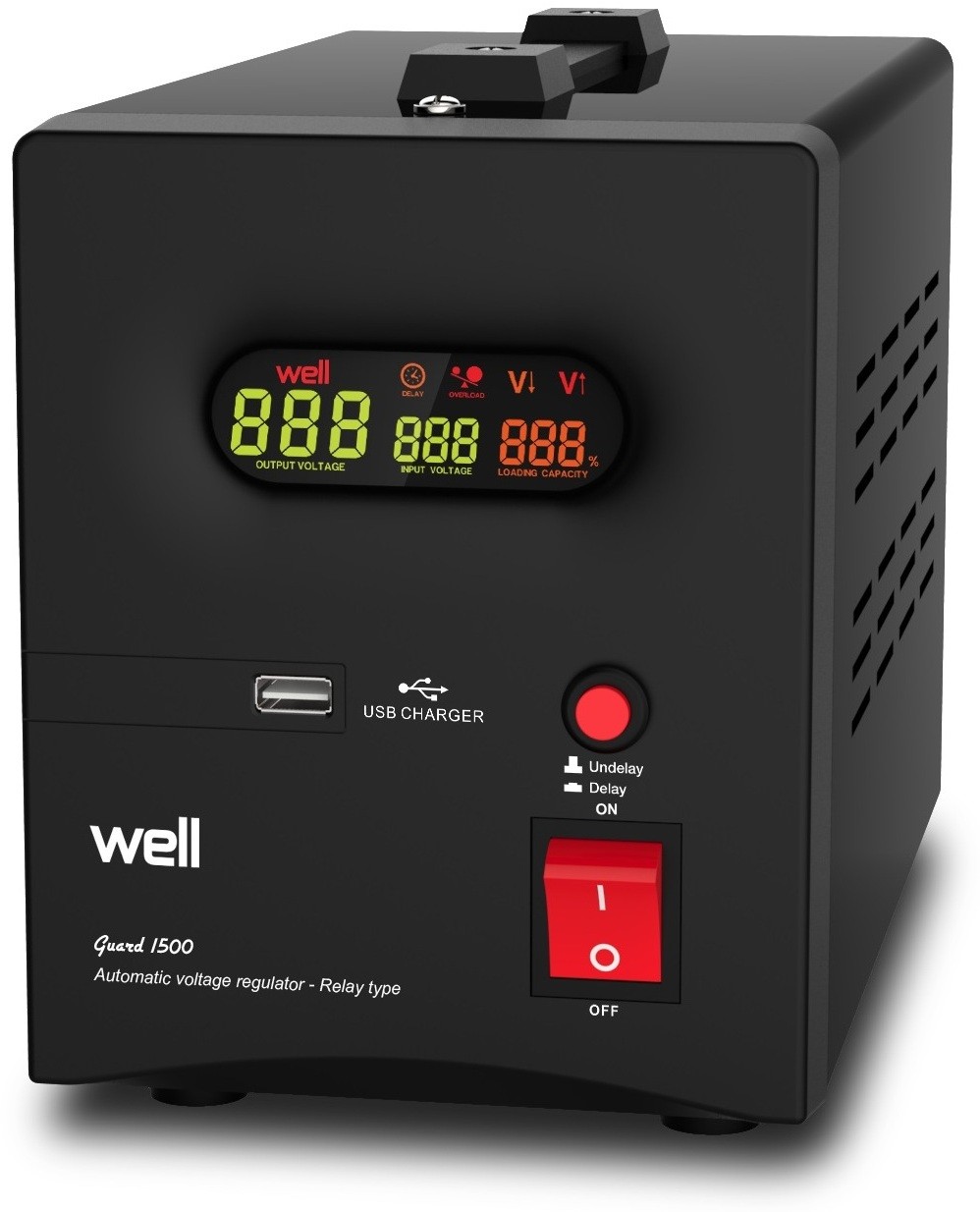 Stabilizator automat de tensiune cu releu 1500VA, negru Well AVR-REL-GUARD1500-WL