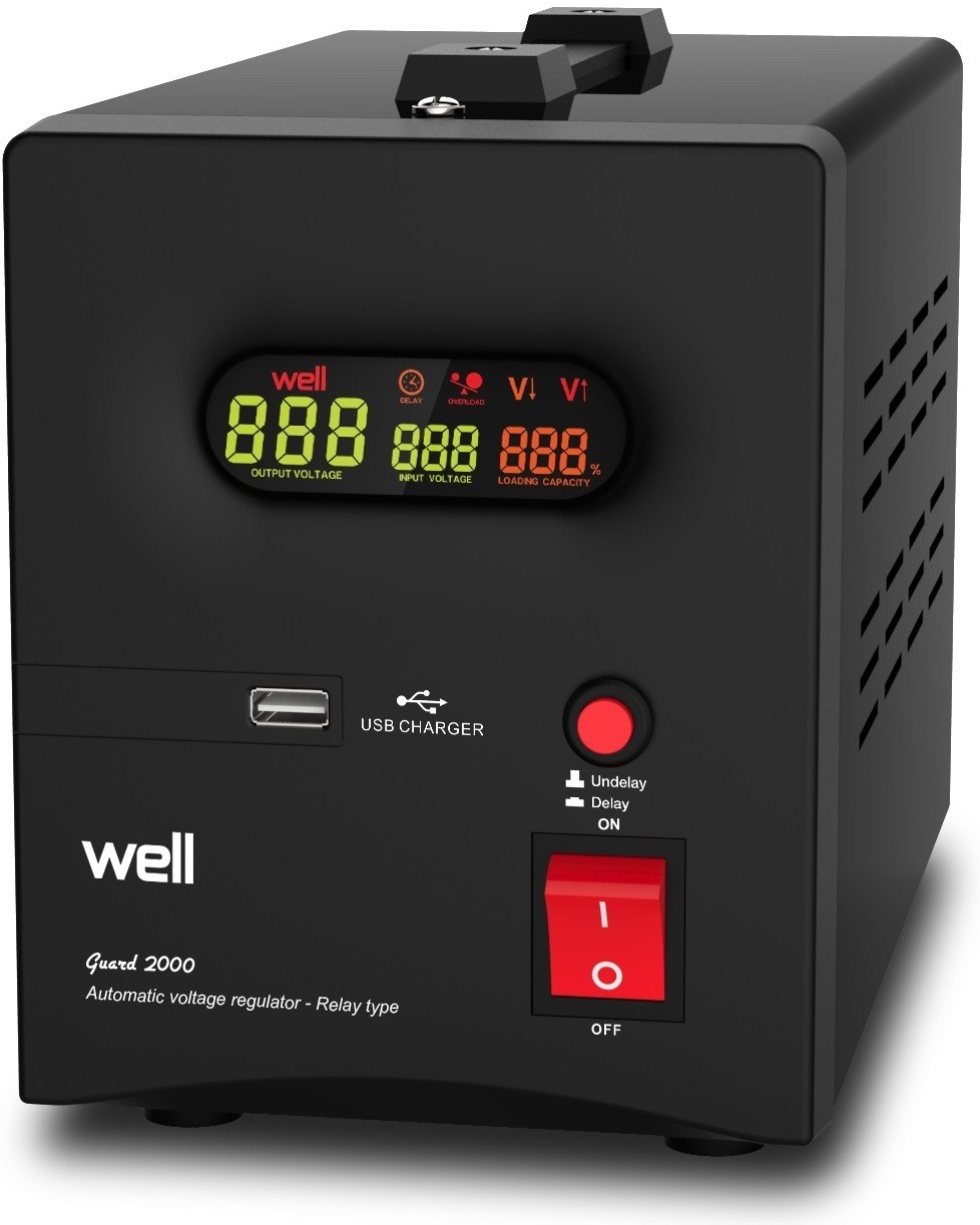 Stabilizator automat de tensiune cu releu 2000VA, negru Well AVR-REL-GUARD2000-WL