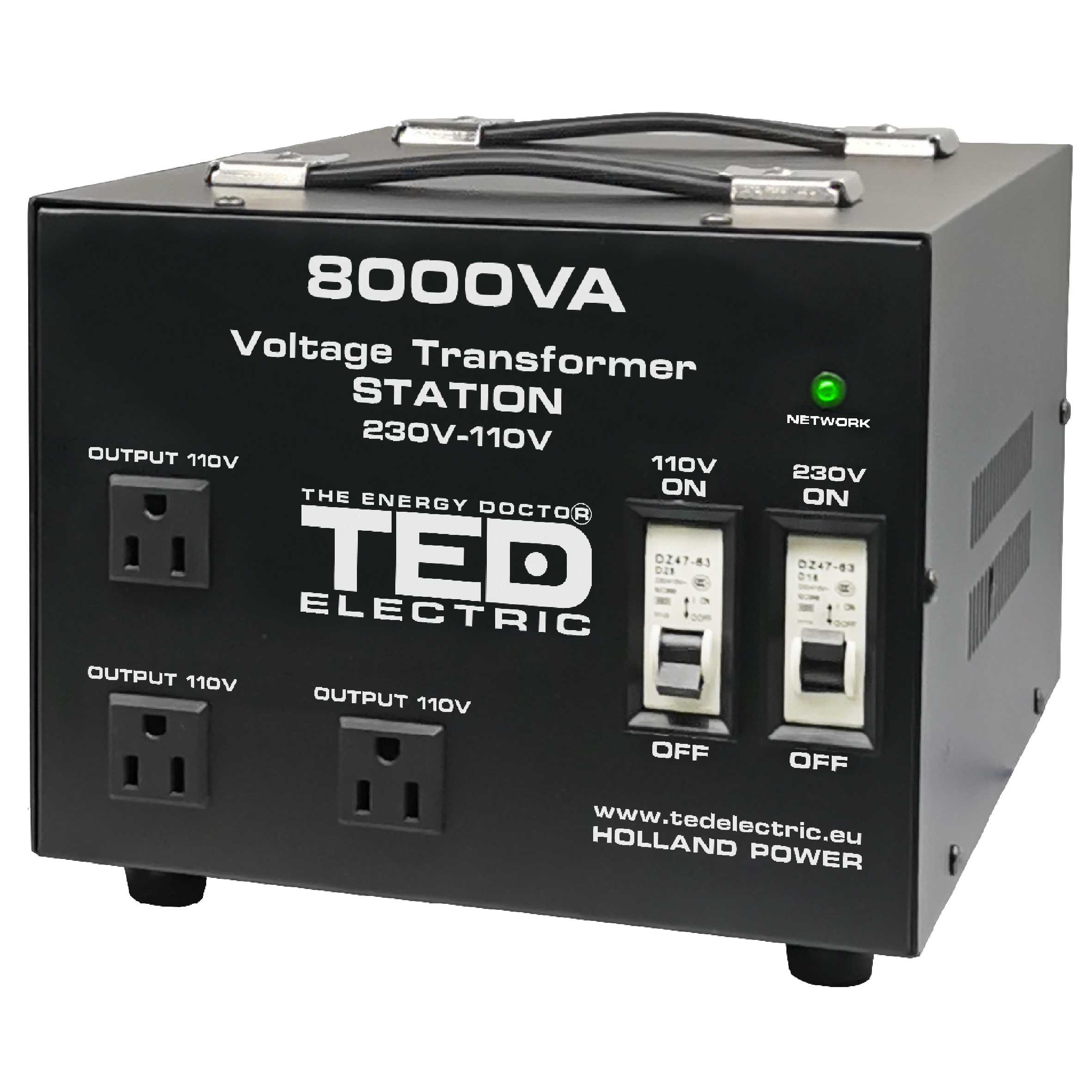 transformator de tensiune, convertor de la 220v la 110v si reversibil 8000va 6400w cu carcasa si regleta, ted electric ted000262