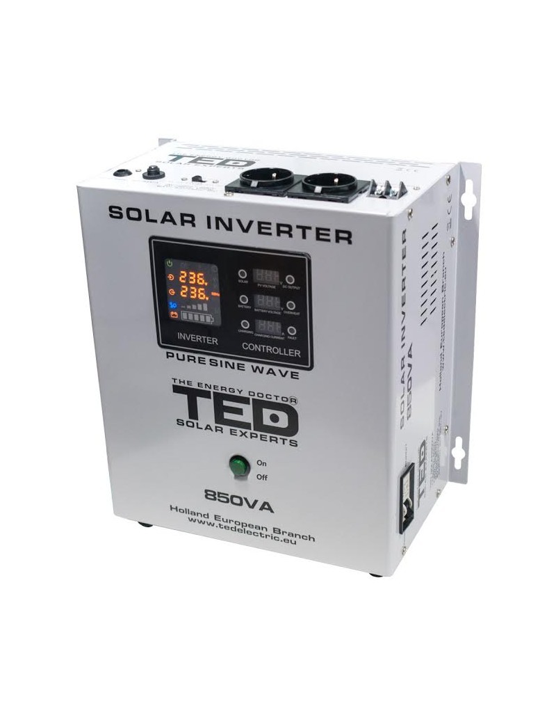 invertor solar fotovoltaic monofazat off-grid, 12v 850va 500w mppt cu unda sinusoidala pura, ted electric ted000286