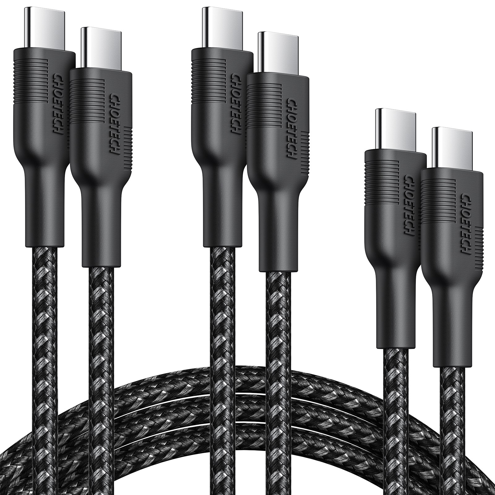 cablu usb-c - usb-c, 3 bucati, 1.2m + 2x 2m, negru, mix00108 choetech