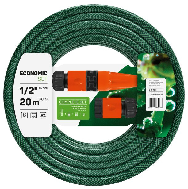 set furtun pentru gradina cellfast economic, 3 straturi cu armatura, 1 2 20m, protectie uv, stropitor, conector