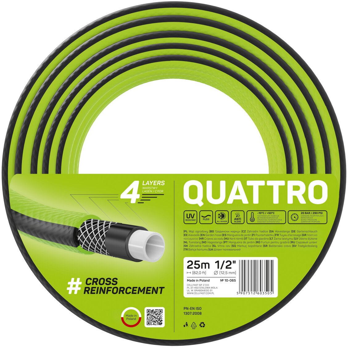 furtun pentru gradina cellfast quattro cu 4 straturi, 1 2 , armat, 25m, protectie uv