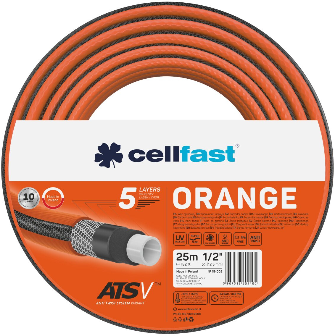 furtun pentru gradina cellfast orange cu 5 straturi, 1 2 , armat, 25m, protectie uv, antirasucire