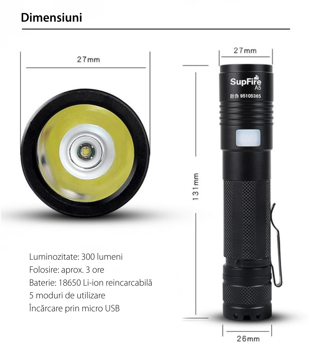lanterna led supfire a5, 300lm, 200m incarcare usb, negru - 2 | YEO