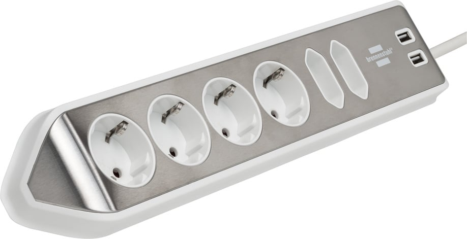 prelungitor pentru perete colt brennenstuhl estilo 6 prize, 2 usb, 3.1 a, 2m inox, adeziv inclus, argintiu-alb - imagine 6