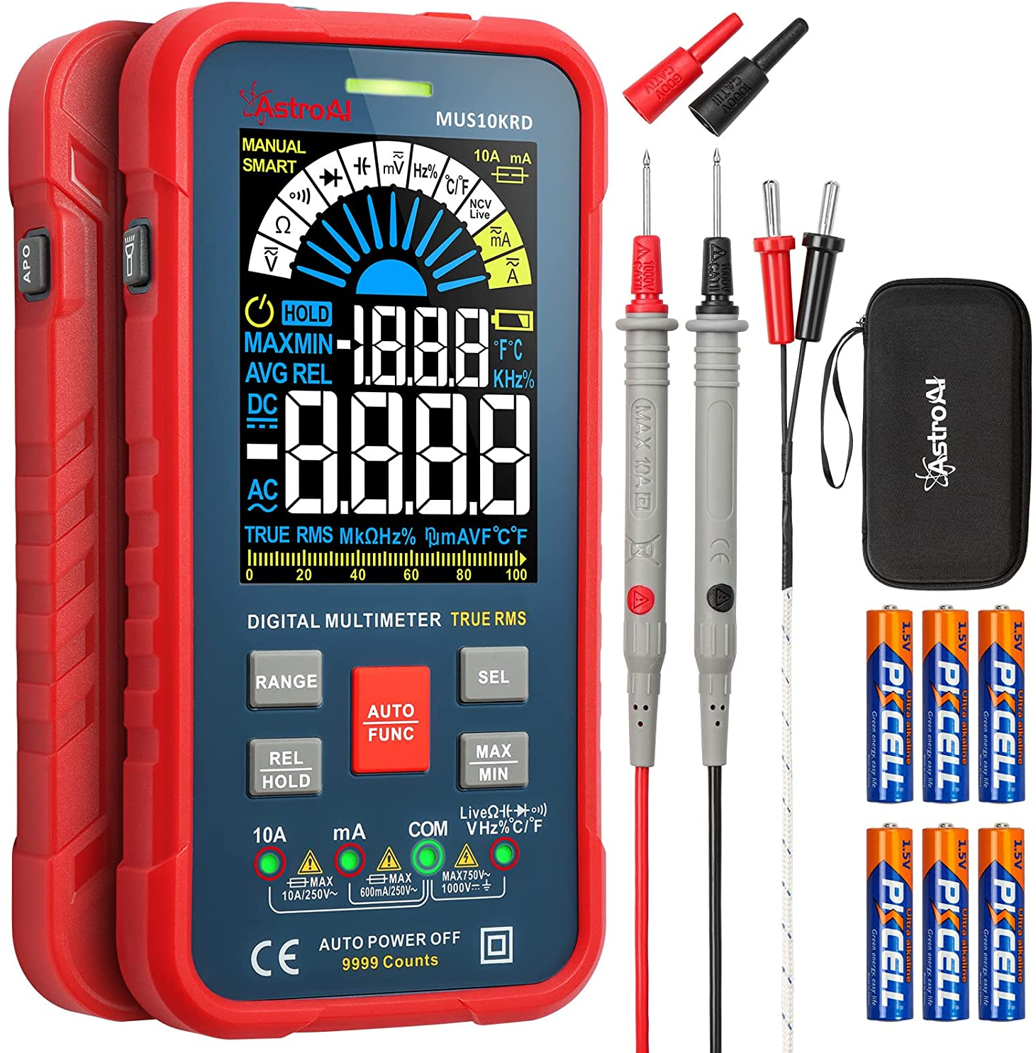 multimetru digital astroai mus10krd, 10000 counts, smart auto, trms auto-ranging, display color, masurare continuitate, temperat