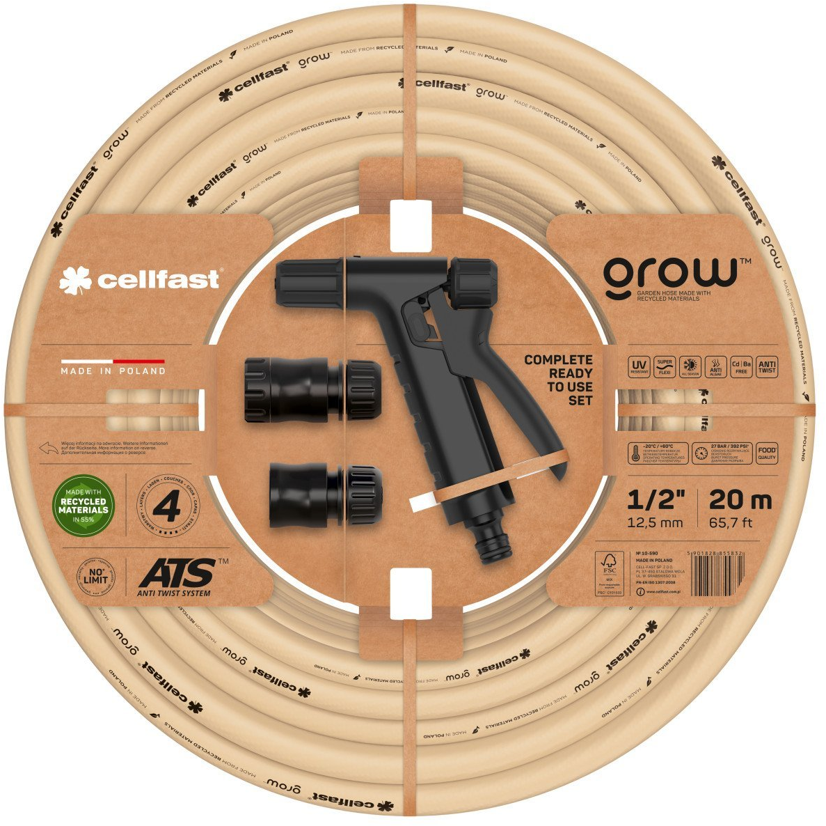 set furtun pentru gradina cellfast grow 1 2 20m, protectie uv, antirasucire, pistol stropire, conectori, materiale reciclate
