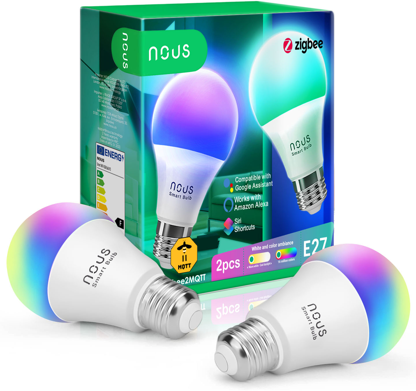 set 2 becuri led rgb smart nous p3z zigbee, e27, control din aplicatie