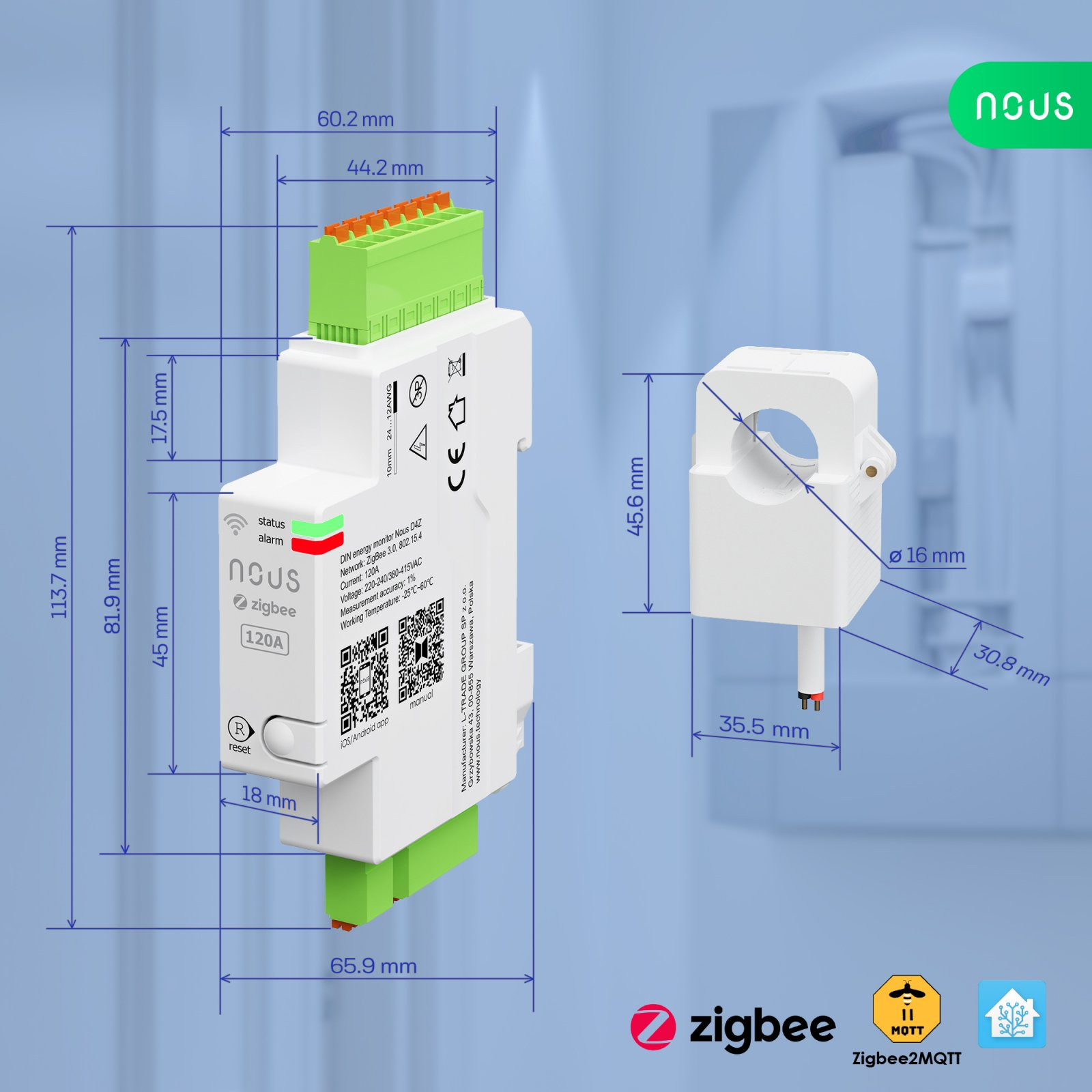 contor electric nous d4z zigbee smart din 120a, monitor consum in timp real , montare pe sina din - imagine 4