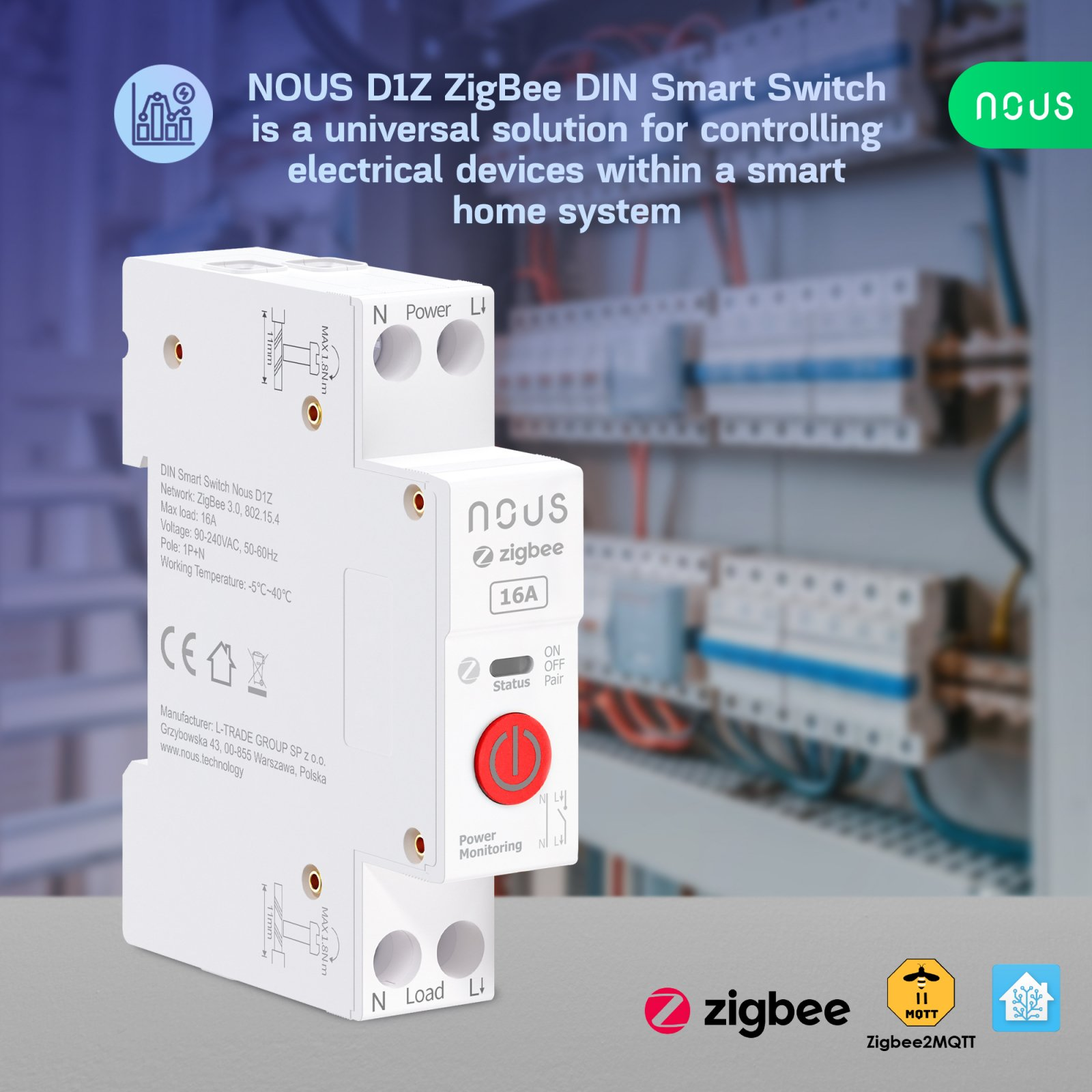 siguranta inteligenta nous d2z, 20a, zigbee, 1 canal, monitorizare energie, montare pe sina din - imagine 4