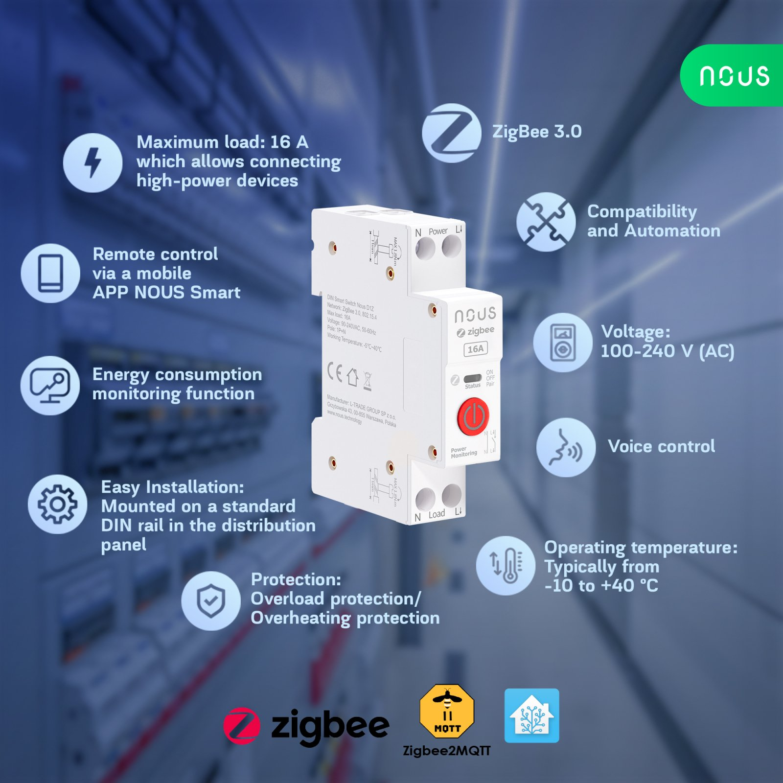 siguranta inteligenta nous d2z, 20a, zigbee, 1 canal, monitorizare energie, montare pe sina din - imagine 6