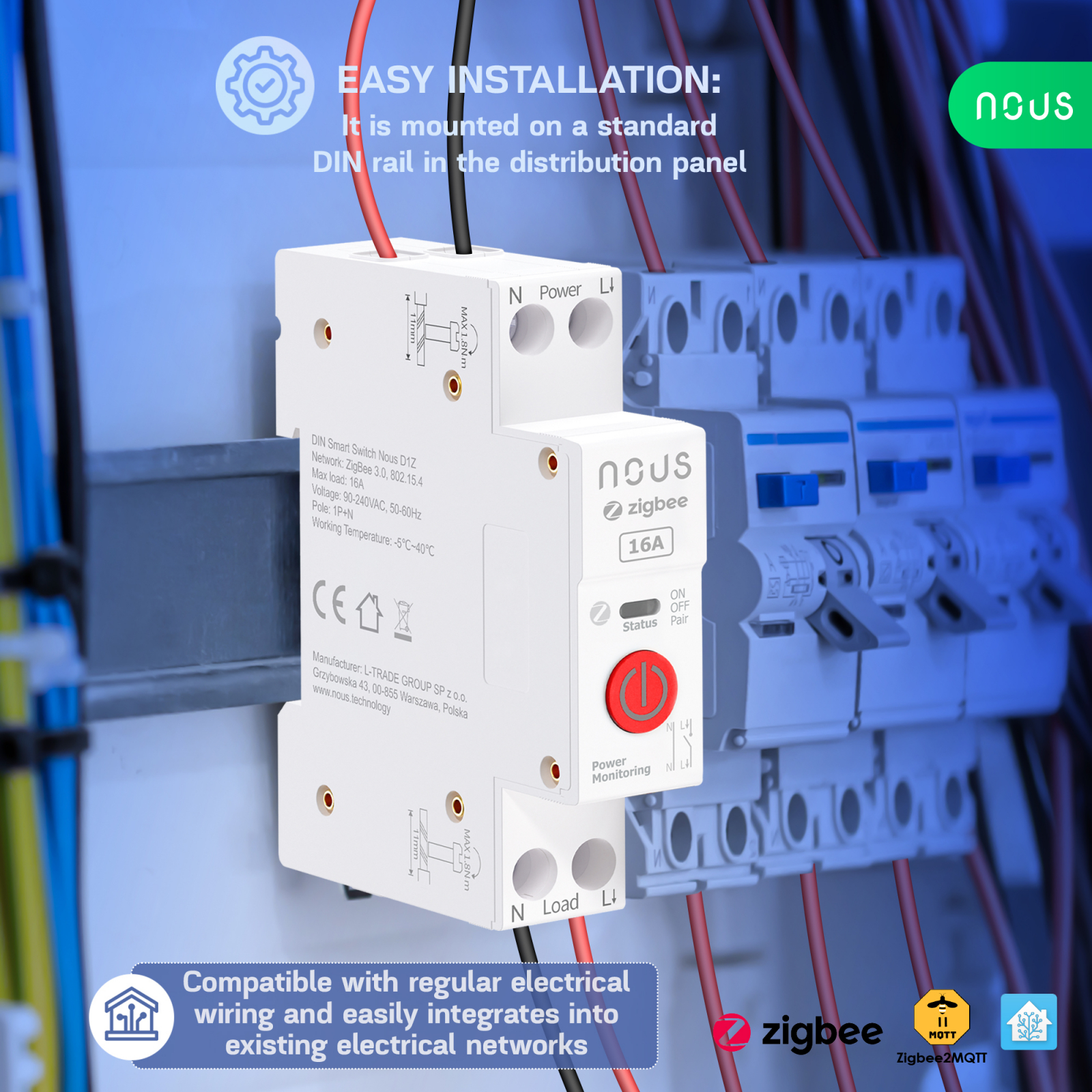 siguranta inteligenta nous d2z, 20a, zigbee, 1 canal, monitorizare energie, montare pe sina din - imagine 11