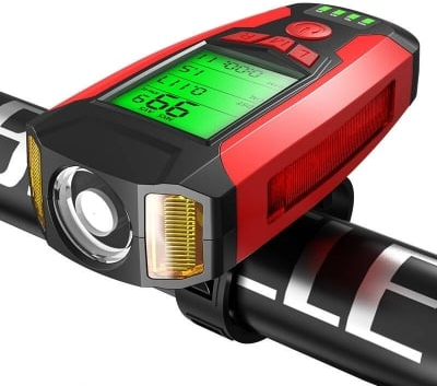 lanterna pentru bicicleta 4 in 1 superfire bm01, 300 lumeni, afisare viteza, km, temperatura, display cu afisaj, 5 functii,