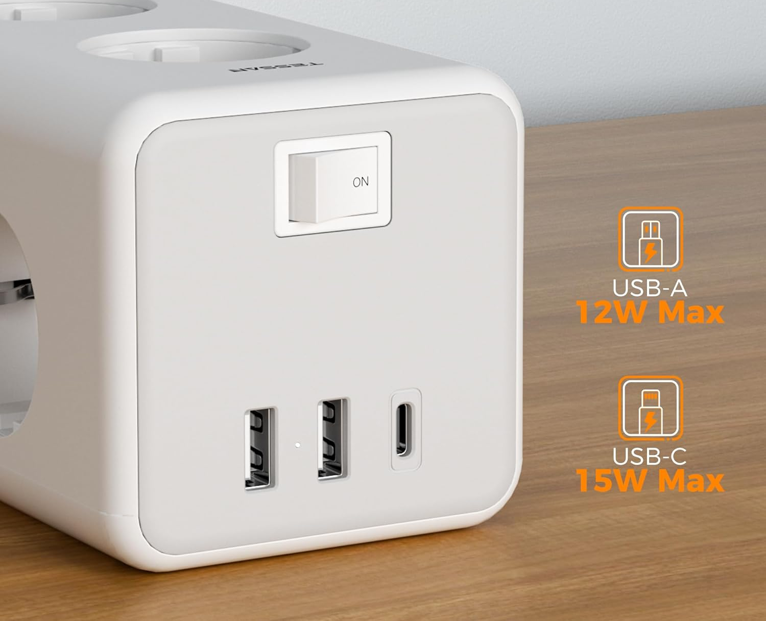 prelungitor tip turn tessan ts-306ts-c, 6 prize, 2 usb, 1 usb-c, 3a, cablu 2m - imagine 5