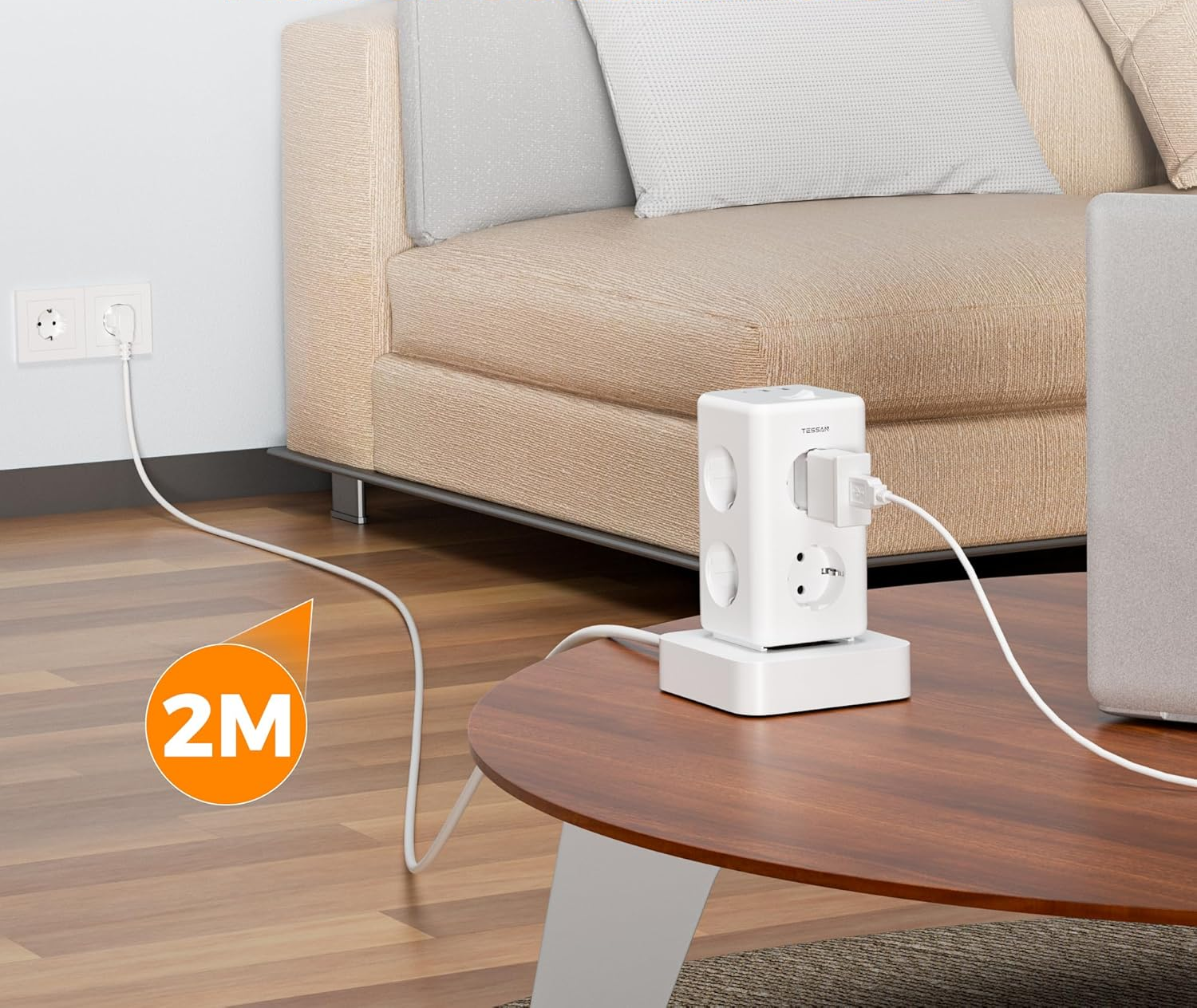 prelungitor tip turn tessan ts-306ts-c, 6 prize, 2 usb, 1 usb-c, 3a, cablu 2m - imagine 6