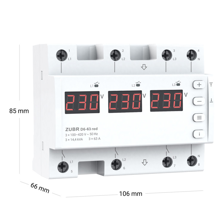 Releu de protectie tensiune trifazat, 63A, 6M, ZUBR, D6-63 red, sina DIN - imagine 2