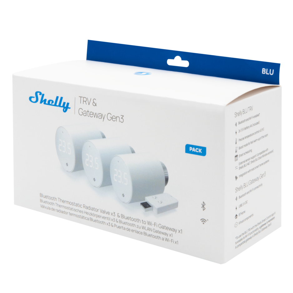 pachet de 3 valve termostatice pentru calorifer shelly blu trv, cu hub bluetooth inclus in pachet - imagine 2