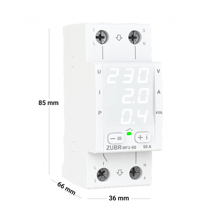 Releu multifuncțional ZUBR MF2-50, Protectie tensiune, curent și putere 1-50 Amperi - imagine 2