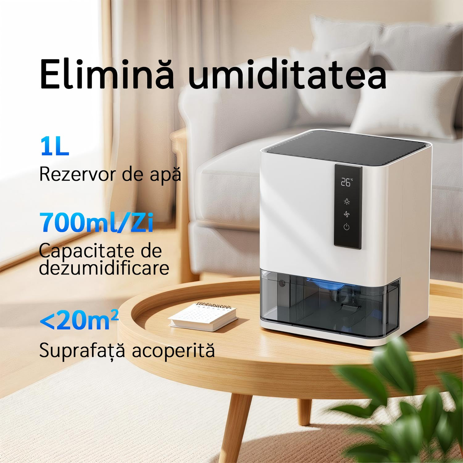resigilat! dezumidificator evoair hidry, 700ml/24h, senzor de umiditate/temperatura, lumina ambientala in 7 culori, rezervor 1l, - imagine 2