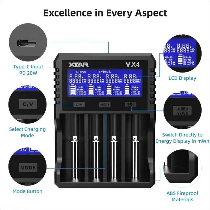 Incarcator acumulatori li-ion lifepo4, nimh, aa/aaa, 4 canale, afisaj lcd, vx4 xtar - imagine 5