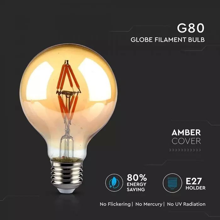 Bec LED - 4W Filament E27 G80 Amber Alb cald