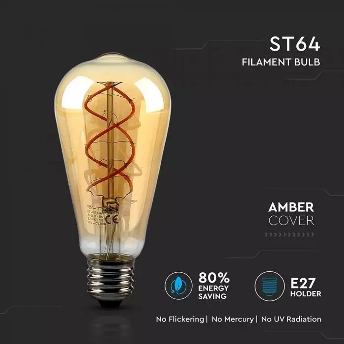 Bec LED - 5W Filament E27 Sticla Aurie Curbata ST64 Alb cald