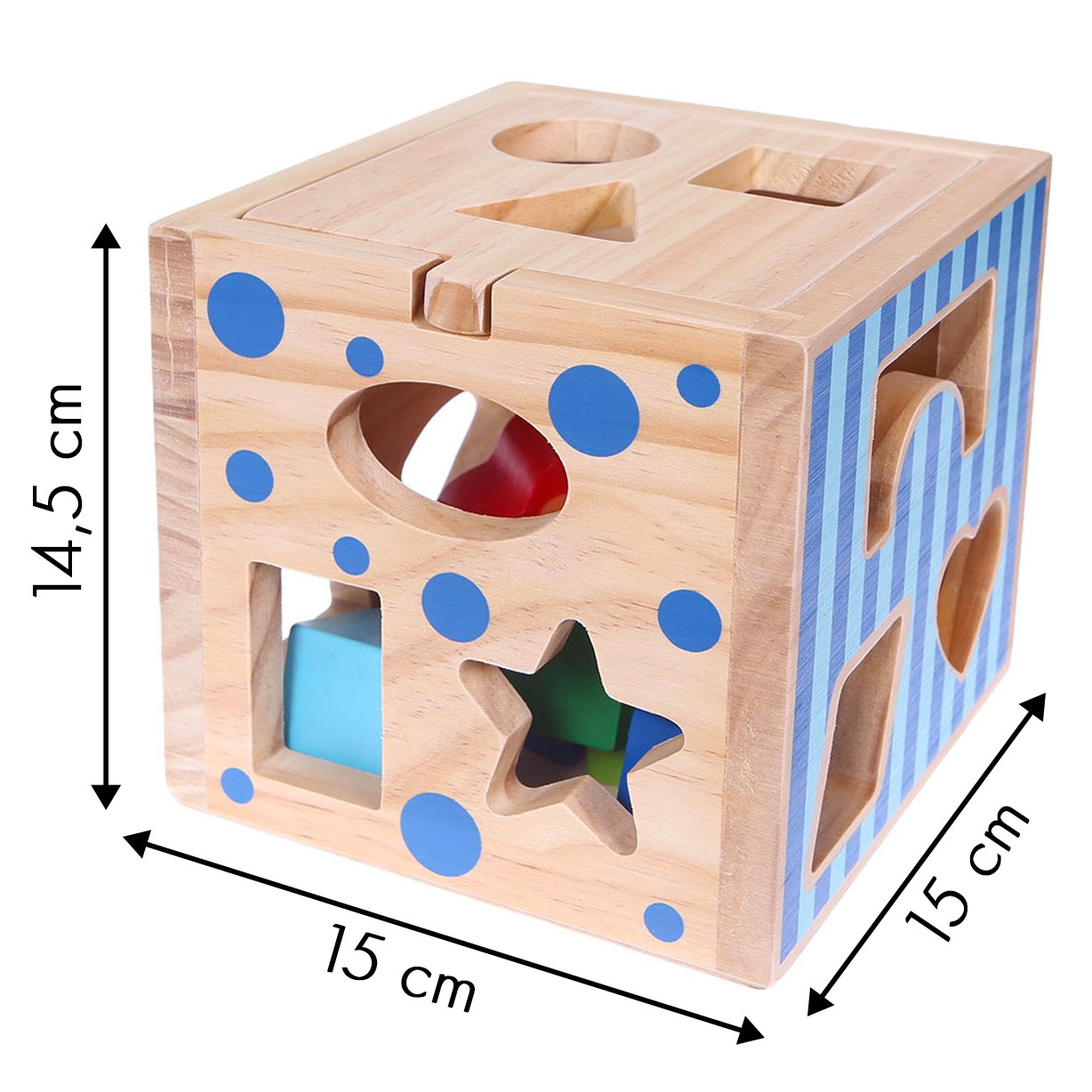 Sortare din lemn, cub educațional + blocuri Ecotoys