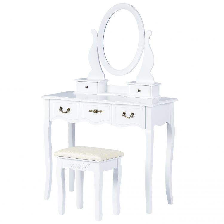 O masă de toaletă cosmetică cu oglindă și scaun, mânere decorative