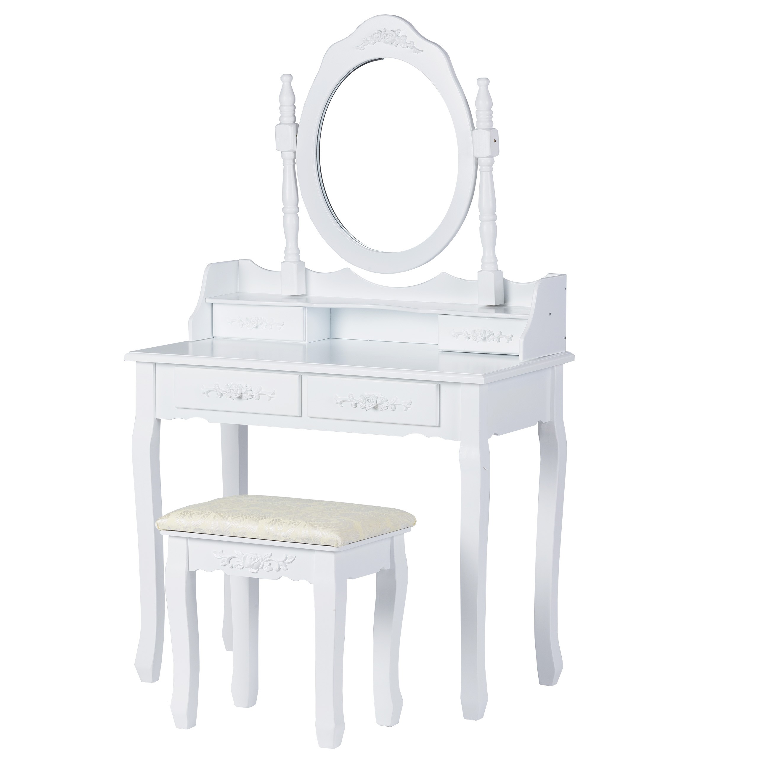 O masă de toaletă cosmetică, cu o oglindă mare și un taburet