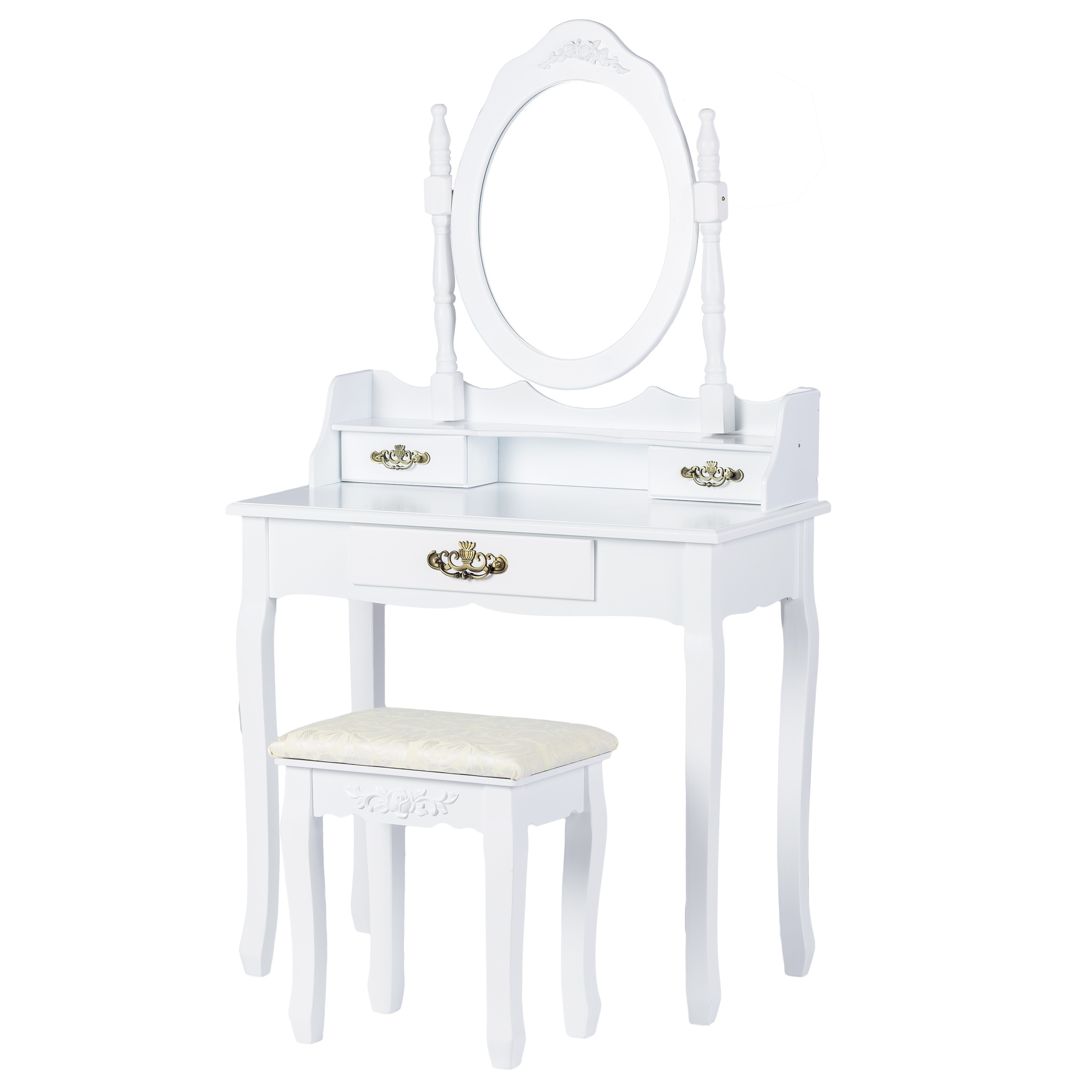 O masă de toaletă cosmetică cu oglindă și un taburet cu 3 sertare
