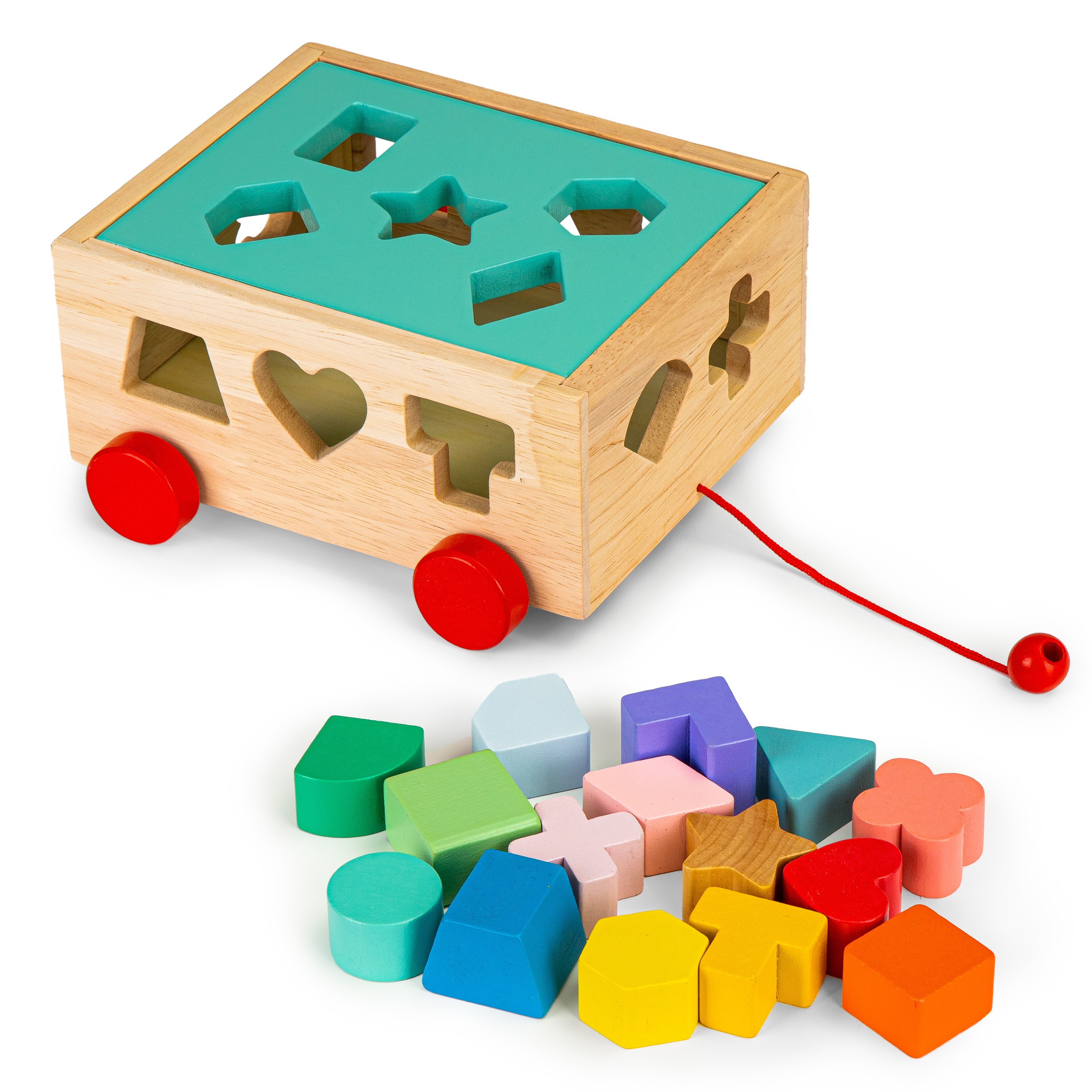 Cărucior de sortare din lemn cu blocuri – cub educativ pentru copii