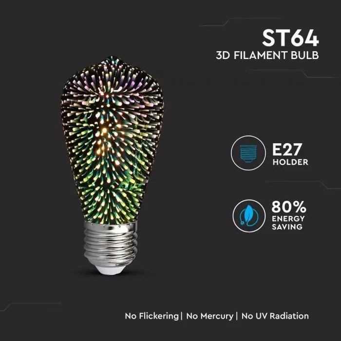 Bec LED 3W E27 cu Filament 3D ST64 3000K