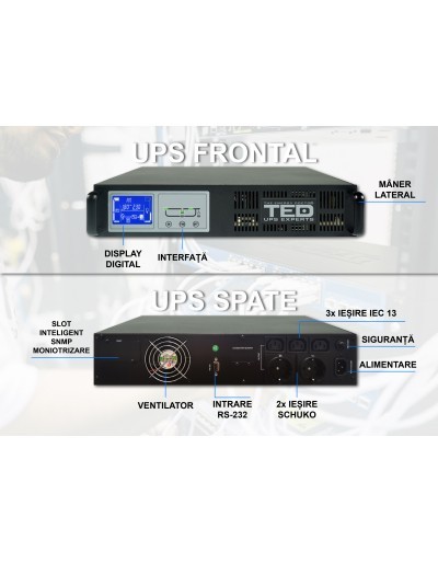 UPS 2000VA rackabil 2U + cabinet 2U online-dubla conversie 2 iesire schuko TED UPS Expert