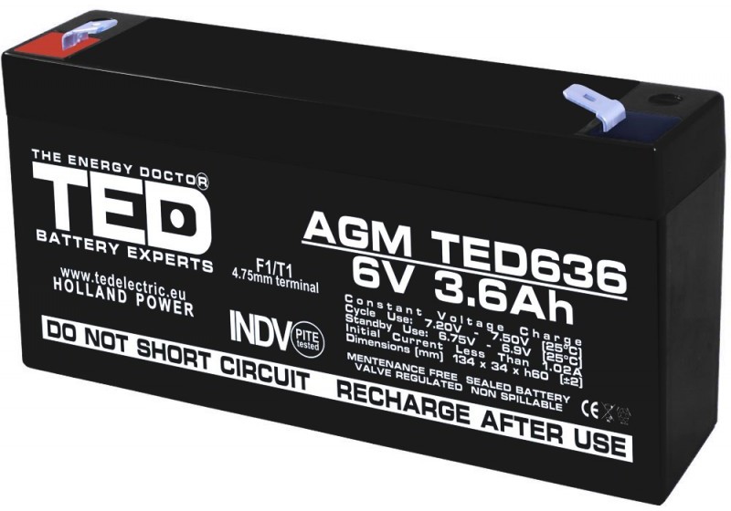 Acumulator stationar 6V 3,6Ah F1 AGM VRLA TED Electric TED636