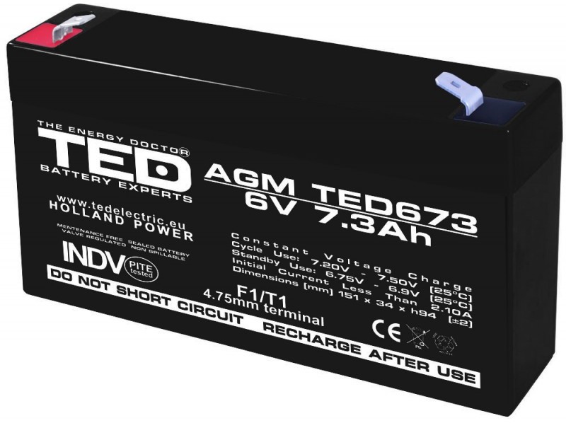 Acumulator stationar 6V 7,3Ah F1 AGM VRLA TED Electric TED673