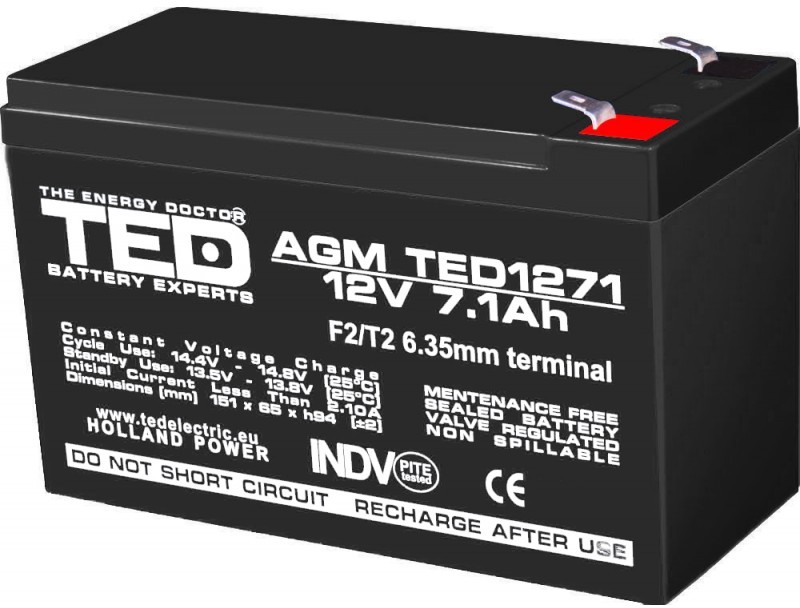 Acumulator stationar 12V 7,1Ah F2 AGM VRLA TED Electric TED1271F2