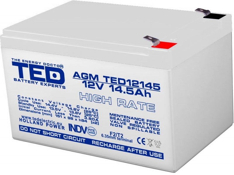 Acumulator stationar 12V 14,5Ah High Rate F2 AGM VRLA TED Electric TED12145