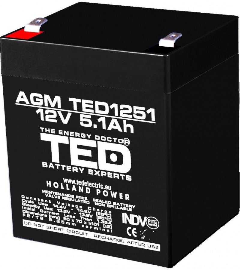 Acumulator stationar 12V 5,1Ah F2 AGM VRLA TED Electric TED1251