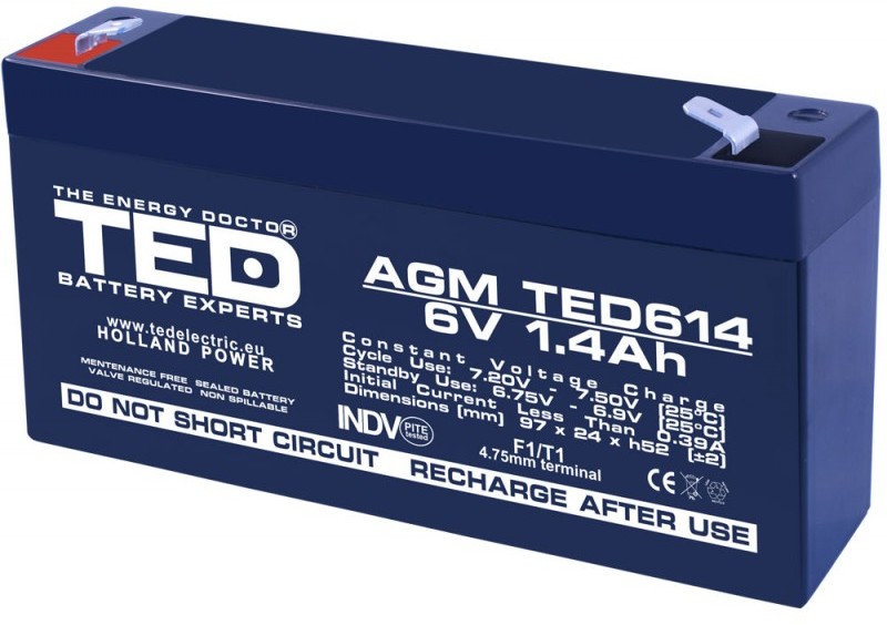 Acumulator stationar 6V 1,4Ah F1 AGM VRLA TED Electric TED614