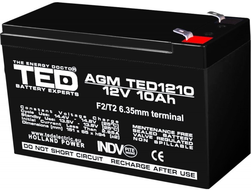 Acumulator stationar 12V 10Ah F2 AGM VRLA TED Electric TED1210
