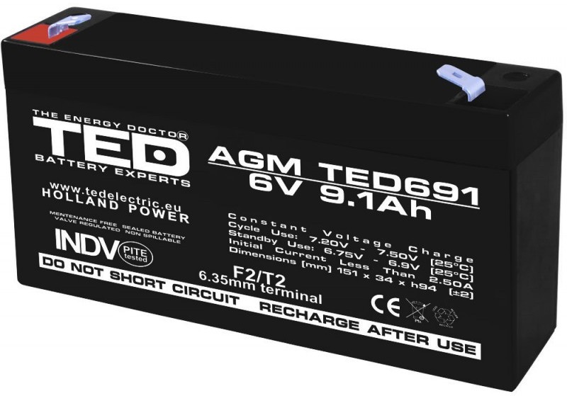 Acumulator stationar 6V 9,1Ah F2 AGM VRLA TED Electric TED691