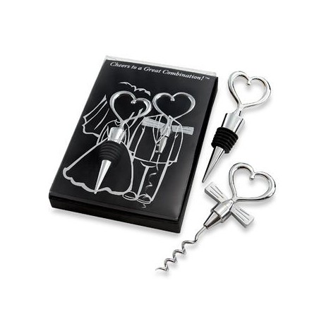 Set cadou in forma de inima - Dop și deschizător de sticle în formă de inimă - NEGRU