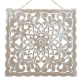 Decoratiuni, Decoratiune de Perete Ethnic Lemn Sculptat Brushed Alb Model Floare 29.5x29.5cm -2, dioda.ro