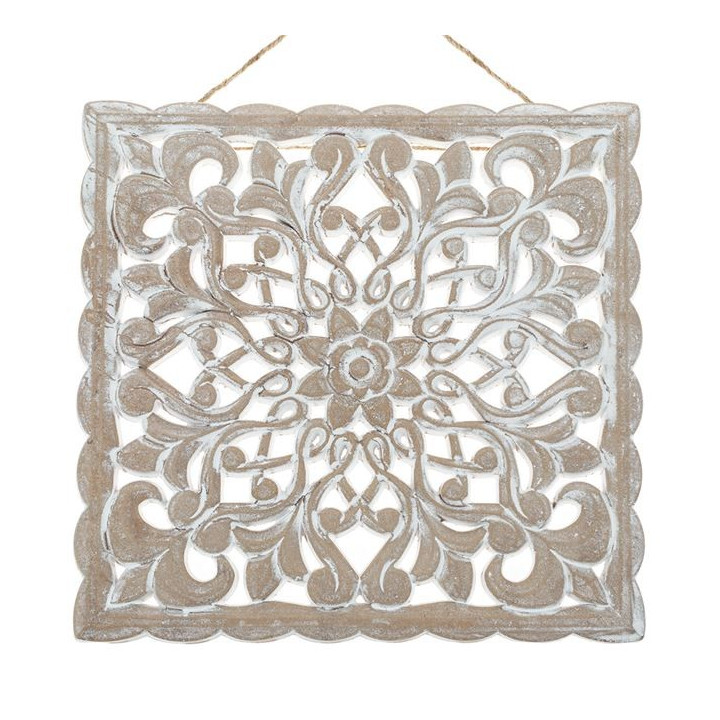 Decoratiuni, Decoratiune de Perete Ethnic Lemn Sculptat Brushed Alb Model Floare 29.5x29.5cm -2, dioda.ro