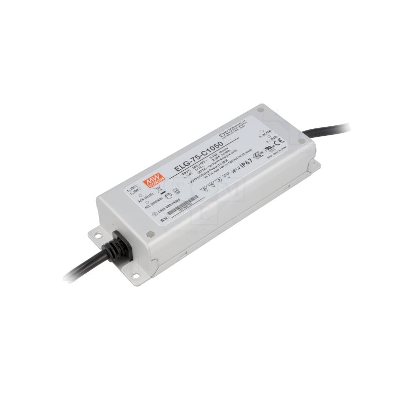 Alimentatoare pentru LED-uri, Alimentator: pulsatoriu LED 74,55W 35÷71VDC 1050mA 180÷295VAC elg-75-c1050 -1, dioda.ro