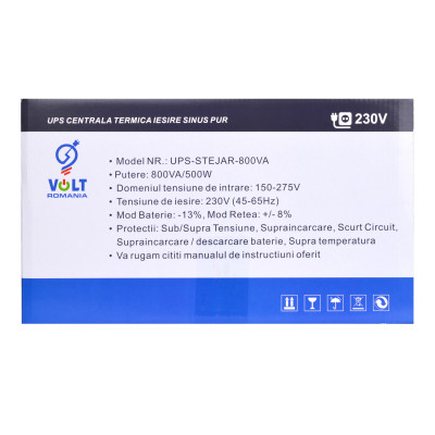 UPS centrala termica undă sinusoidală pura, funcție de Stabilizare, 800VA 500W, acumulator extern pentru backup indelungat