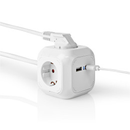 prelungitor tip cub nedis, 4 prize, 2x usb, 1.5 m 3x 1.5 mm², alb