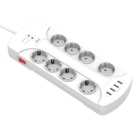 prelungitor well, 8 prize, 3m, 4x usb, cu protectie la suprasarcina si supratensiune, cablu 3x1.5mmp